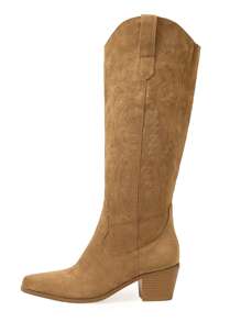 女士麂皮刺绣西部风格过膝长靴，纯色短靴和高筒靴，易于穿搭的中筒和宽筒靴，适合秋冬季节，牛仔靴，女牛仔靴，科切拉音乐节风格 - 卡其色 - 查看 3