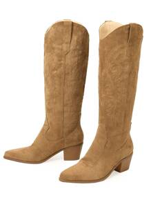 女士麂皮刺绣西部风格过膝长靴，纯色短靴和高筒靴，易于穿搭的中筒和宽筒靴，适合秋冬季节，牛仔靴，女牛仔靴，科切拉音乐节风格 - 卡其色 - 查看 4