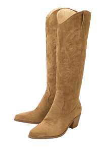 女士麂皮刺绣西部风格过膝长靴，纯色短靴和高筒靴，易于穿搭的中筒和宽筒靴，适合秋冬季节，牛仔靴，女牛仔靴，科切拉音乐节风格 - 卡其色 - 查看 5