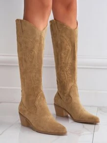 女士麂皮刺绣西部风格过膝长靴，纯色短靴和高筒靴，易于穿搭的中筒和宽筒靴，适合秋冬季节，牛仔靴，女牛仔靴，科切拉音乐节风格 - 卡其色 - 查看 6