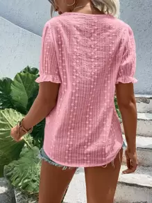 Breezaya Blusa con bordado con ojal con encaje en contraste de manga farol - Rosa - Ver 2