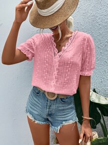 Breezaya Blusa con bordado con ojal con encaje en contraste de manga farol - Rosa - Ver 3