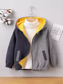 Toddler Boys Colorblock Zip Up Thermal Lined Hooded Jacket Without Sweater - Grey - View 1