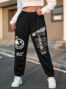 SHEIN EZwear 大碼表情和標語圖案衛褲 - 黑色 - 查看 2