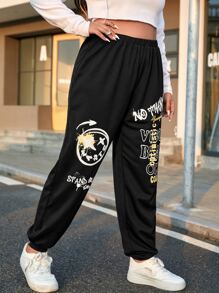 SHEIN EZwear 大碼表情和標語圖案衛褲 - 黑色 - 查看 3