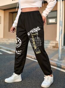 SHEIN EZwear 大碼表情和標語圖案衛褲 - 黑色 - 查看 5