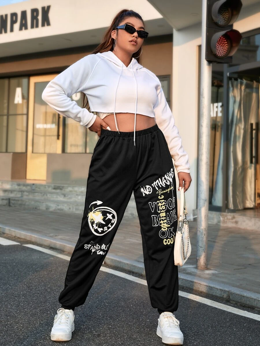 SHEIN EZwear 大碼表情和標語圖案衛褲 - 黑色 - 查看 1