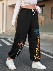 SHEIN Unity 大碼字母圖案腰部抽繩長褲 - 黑色 - 查看 3