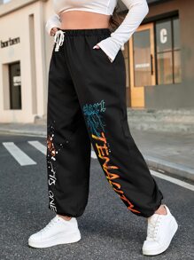 SHEIN Unity 大碼字母圖案腰部抽繩長褲 - 黑色 - 查看 4