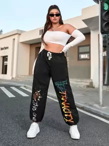 SHEIN Unity 大碼字母圖案腰部抽繩長褲 - 黑色 - 查看 1