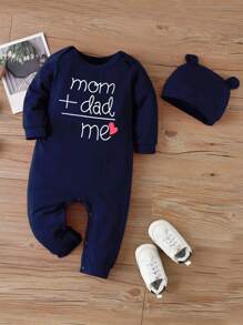 Baby Boy Letter And Heart Print Jumpsuit With Hat - Navy Blue - View 1