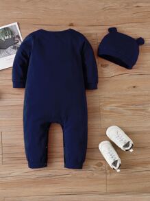 Baby Boy Letter And Heart Print Jumpsuit With Hat - Navy Blue - View 2
