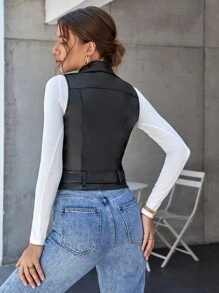 Chiquease Chaqueta de motociclista sin mangas con correa hebillada de PU, para mujer, de primavera/otoño, casual, con cinturón, botones, ojetes, cremallera y solapa, corte regular, de color negro, de poliuretano liso, para uso diario casual