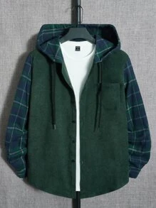 GENTILAND Men Plaid Print Drawstring Hooded Shirt Without Tee - Dark Green - View 1