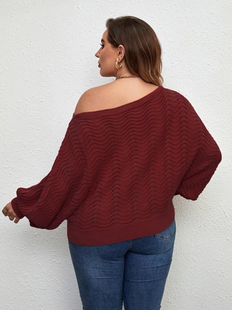 Plus Pointelle Knit Asymmetrical Neck Batwing Sleeve Sweater Knit Pullover Fall Winter Autumn