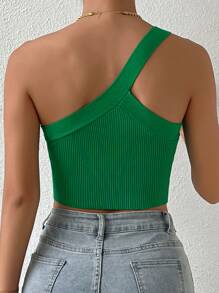 Allurite One Shoulder Crop Knit Top - Green - View 2