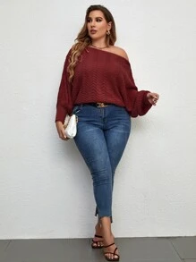 SHEIN LUNE Oversize-Pointelle-Strick Asymmetrischer Ausschnitt Fledermaus-Ärmel Pullover