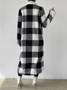 SHEIN Privé Buffalo Plaid Open Front Flannel Longline Coat - Black and White - View 2