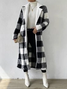 SHEIN Privé Buffalo Plaid Open Front Flannel Longline Coat - Black and White - View 6