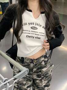 Contrast Raglan Sleeve Letter Graphic Crop Tee