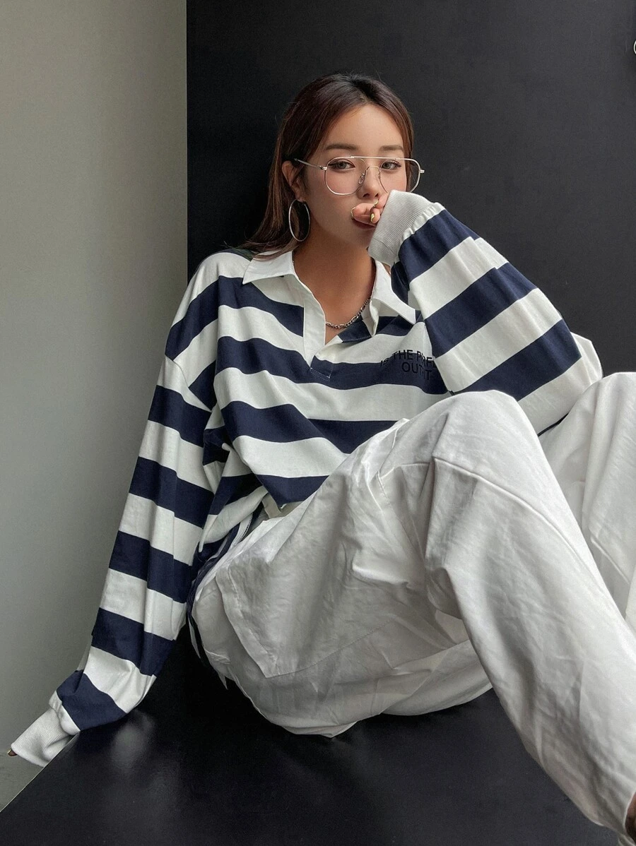 DAZY Slogan Graphic Drop Shoulder Striped Pullover - Blue and White - View 1