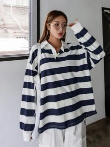 DAZY Slogan Graphic Drop Shoulder Striped Pullover - Blue and White - View 5