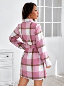 Plaid Print Belted Shirt Dress - Pink - View 2