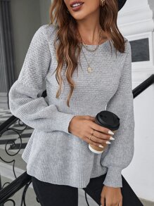 SHEIN Frenchy Solid Lantern Sleeve Jumper - Light Grey - View 7