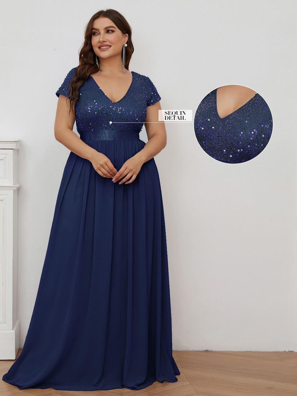 EVERPRETTY Plus Sequin Panel V-neck Pleated Bridesmaid Dress