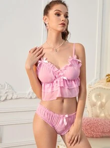 ROMWE Kawaii 素色荷葉邊蝴蝶結裝飾內衣套裝 - 粉色 - 查看 4