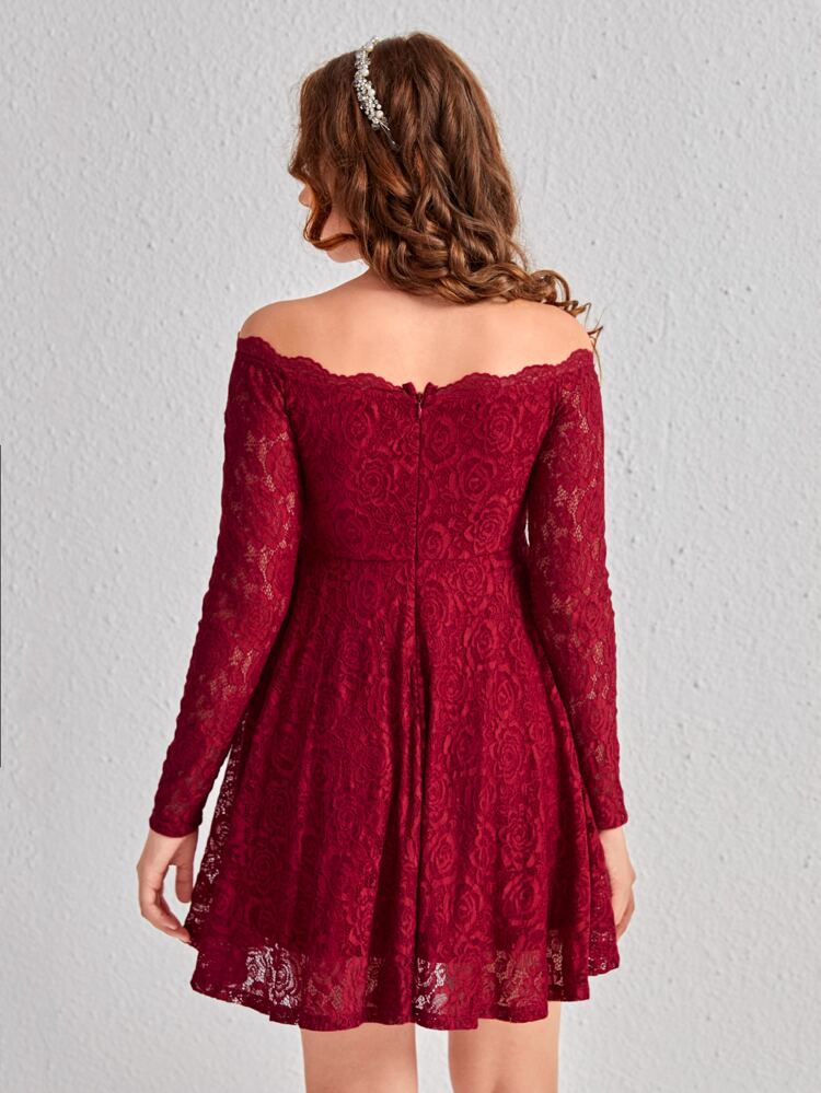 Teen Girls Floral Lace Overlay Off Shoulder Dress