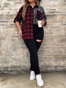 SHEIN LUNE 大碼格紋印花落肩袖襯衫 - 酒紅色 - 查看 5