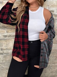 SHEIN LUNE 大碼格紋印花落肩袖襯衫 - 酒紅色 - 查看 6