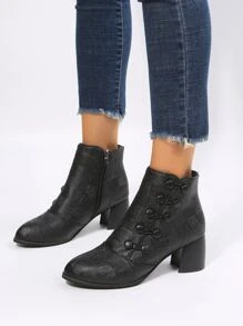 紋理質感紐扣裝飾側拉鏈粗跟經典靴 - 黑色 - 查看 1