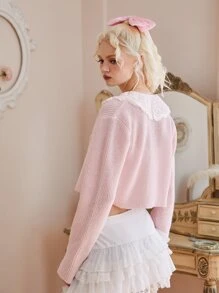 ROMWE Kawaii Contrast Lace Crop Cardigan - Pink - View 4
