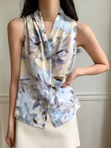 DAZY Floral Print Ruched V-Neck Blouse,Sleeveless Tops Going Out Tops