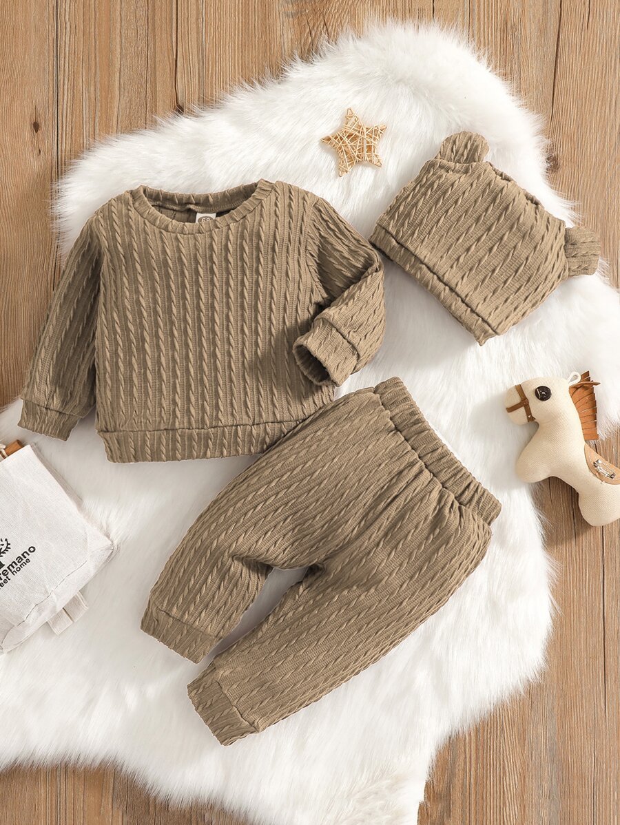 男嬰電纜紋理衛衣和衛褲和配件帽 - 卡其色 - 查看 1