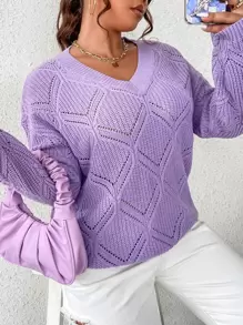 SHEIN Qutie Plus Drop Shoulder Pointelle Knit Jumper - Lilac Purple - View 1