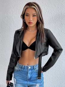 Muchica Áo khoác nữ Thắt lưng Dây kéo màu trơn Giải trí - màu đen - Xem 4