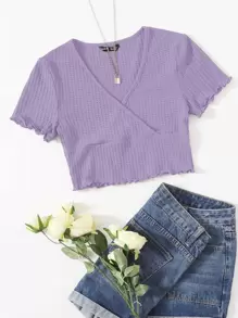 Muchica Surplice Neck Lettuce Trim Tee - Lilac Purple - View 1