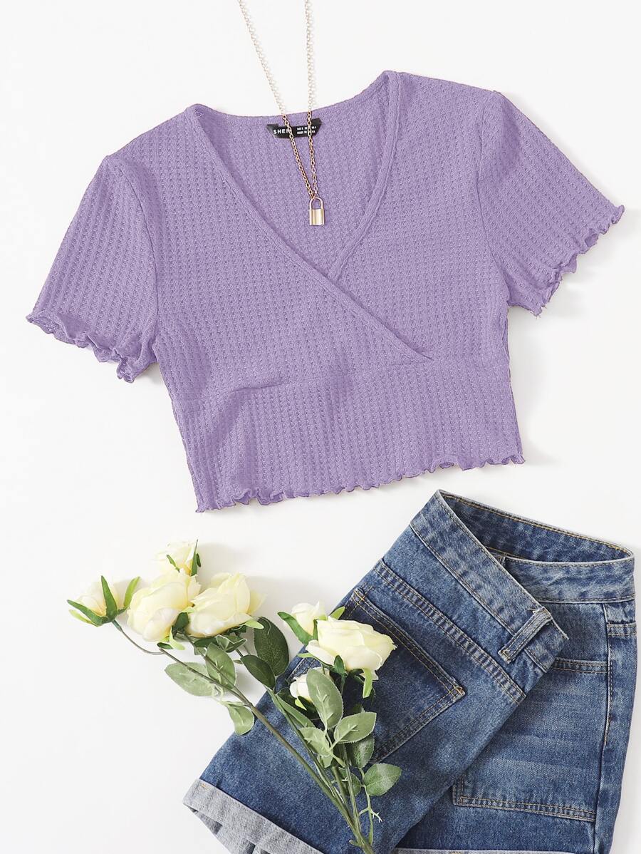 Muchica Surplice Neck Lettuce Trim Tee - Lilac Purple - View 1