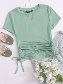 SHEIN EZwear Drawstring Side Solid Tee - Mint Green - View 1