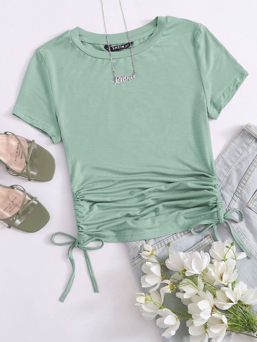 SHEIN EZwear Drawstring Side Solid Tee - Mint Green - View 1