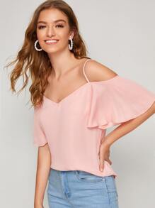 SHEIN LUNE Top unicolor de manga con volante de hombros descubiertos - Rosa Pálido - Ver 5
