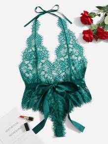 Plus Floral Lace Knot Front Teddy Bodysuit - Green - View 1
