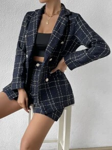 Chiquease Bộ âu phục nữ Nút đôi Sọc ca rô Thanh lịch - Màu xanh hải quân - Xem 1