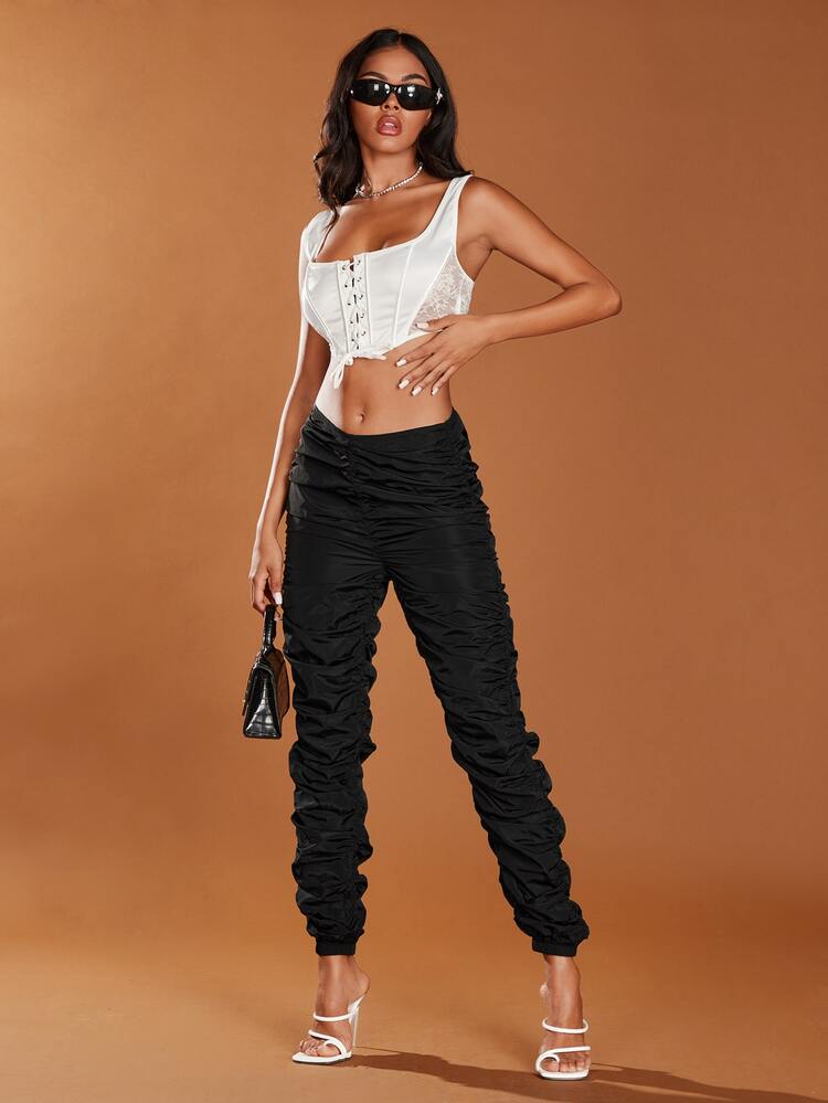 SHEIN BAE Low Rise Stacked Jogger Pants - Black - View 4