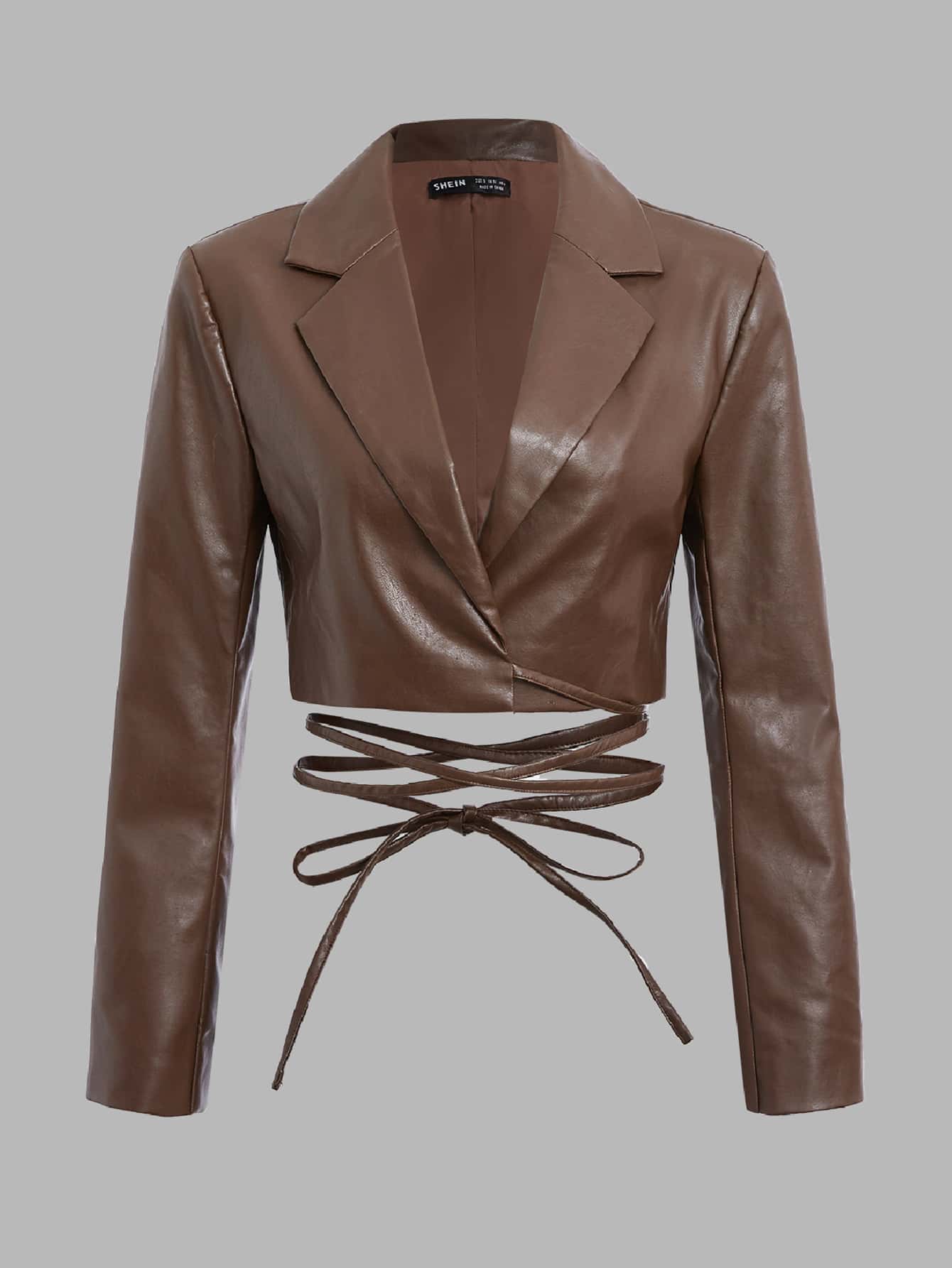 SHEIN ICON Lapel Neck Tie Back PU Leather Jacket - Coffee Brown - View 1