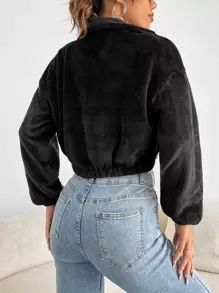 SHEIN PETITE Cazadora teddy con cremallera de hombros caídos corto