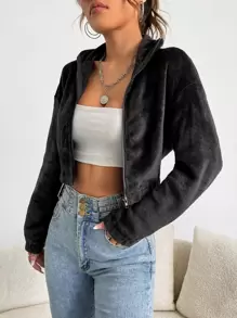 SHEIN PETITE Cazadora teddy con cremallera de hombros caídos corto